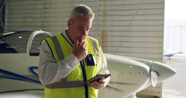 Aviation Engineer Inspecting Plane with Digital Tablet in Hangar - Download Free Stock Images Pikwizard.com