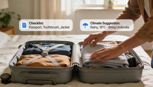 Smart packing with open gray suitcase, digital checklist overlay and climate suggestion