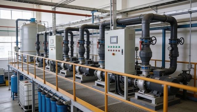Centrifugal pumps operating with electric motors and control panels on industrial walkway