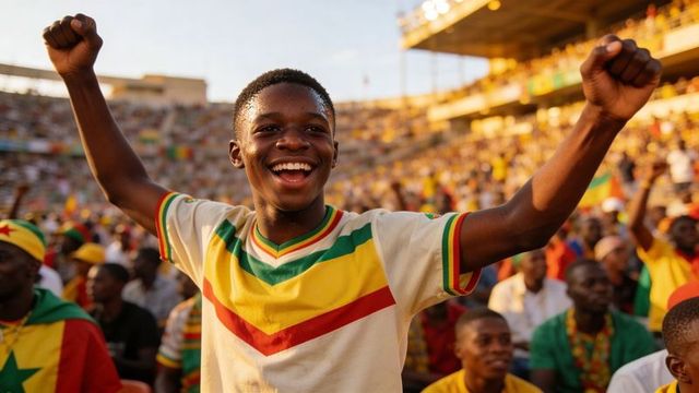 Cheering teen fan raising arms in colorful stadium crowd celebrating sporting victory