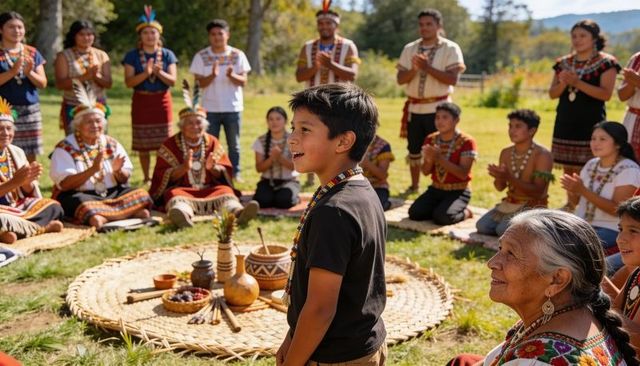 Young indigenous boy performing blessing while community gathers in outdoor tribal circle