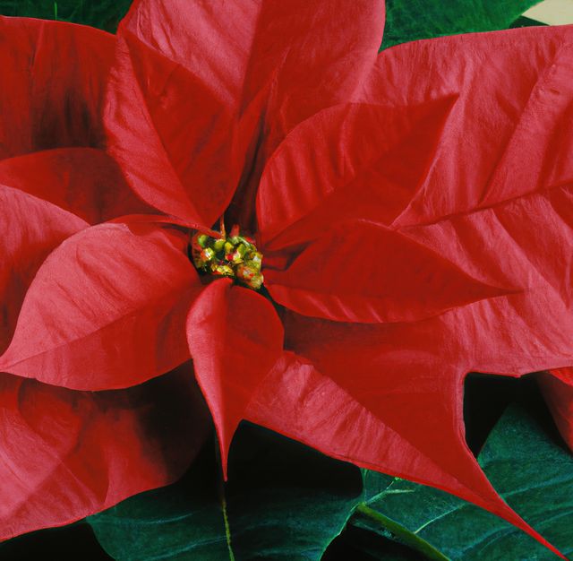 Capturing the vivid details of a large red poinsettia bloom with green leaves. Perfect for holiday-themed projects, seasonal greeting cards, botanical studies, and festive decorations.