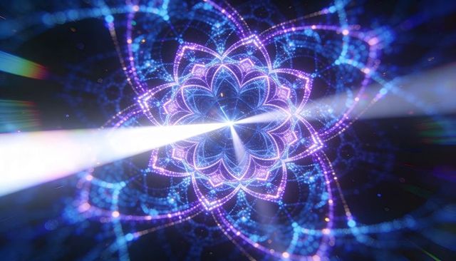 Neon fractal mandala radiating starburst beams and luminous rings in deep cosmic void