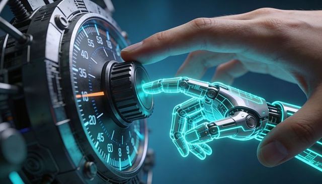 Human and robotic finger touching dial turning vault knob with holographic cyan interface