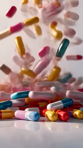 Vertical video of colorful capsules cascading onto glossy tabletop, macro pharmacy close-up