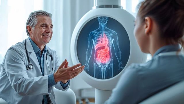 Senior doctor explaining digestive system to patient with 3d gut anatomy display