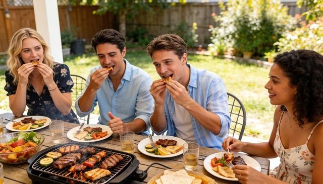 Group of friends enjoying backyard barbecue, grilling and sharing food around outdoor table