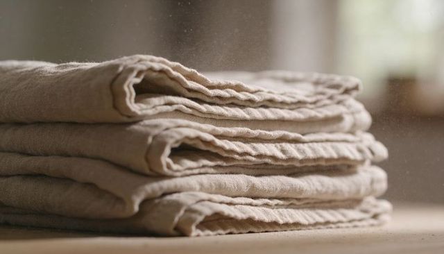 Stacked natural linen napkins resting on wooden tabletop, catching soft light and texture