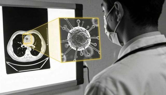 Doctor examining ct lightbox with magnified lung virus overlay for diagnostic analysis