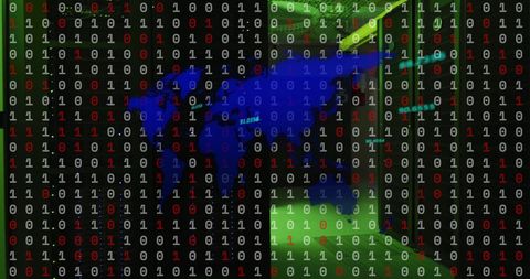 Binary Code Overlay on Digital World Map and Server Room