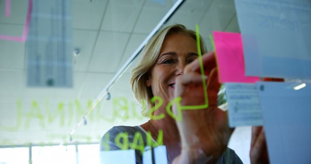 Businesswoman working with sticky notes on glass wall in modern office - Download Free Stock Images Pikwizard.com