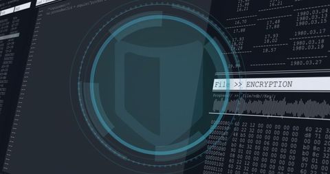 Neon teal encryption shield with futuristic hud rings on cybersecurity dashboard interface