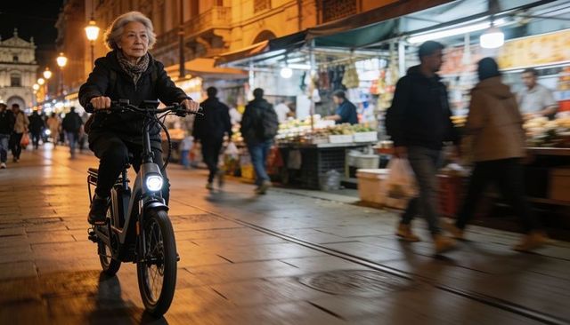 Senior asian woman riding e-bike through night market, evening urban commuting