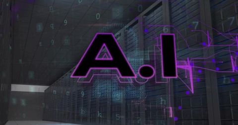 Glowing holographic A.I letters hovering over server racks in futuristic datacenter aisle