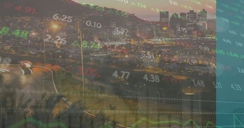 Urban Cityscape by Night with Stock Market Data Overlay
