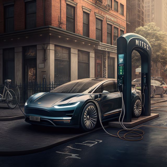 Image depicting an electric car charging at a station in the middle of a vibrant, modern city. Ideal for use in articles, presentations, and blogs focused on sustainable energy, smart city infrastructure, urban development, eco-friendly technologies, and the future of transportation. Great for illustrating themes around clean energy solutions and technological advancements in modern urban society.
