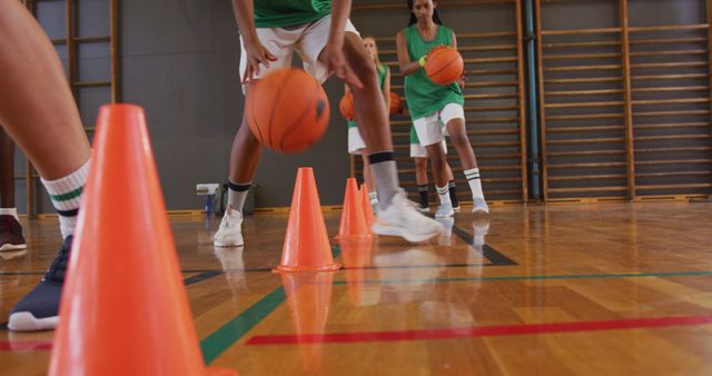 Young basketball players practicing dribbling skills around cones in a gymnasium. Ideal for use in sports training resources, youth athletic programs, or promotional materials for basketball camps and clinics.