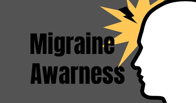 Vector image of human head with migraine awareness text on gray background, copy space. Illustration, raise awareness, support, migraine awareness week, headache, stress.
