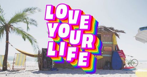 Vibrant 3d love your life typography over tropical sunny beach with surfboards, palm trees