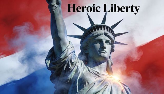 Heroic liberty statue with dramatic red white blue smoke torch flare cinematic