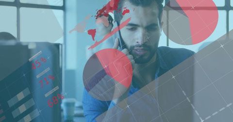 Office Worker Analyzing Digital Data on Smartphone and Laptop