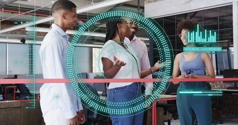 Collaborating team using augmented reality overlays for creative teamwork in modern office