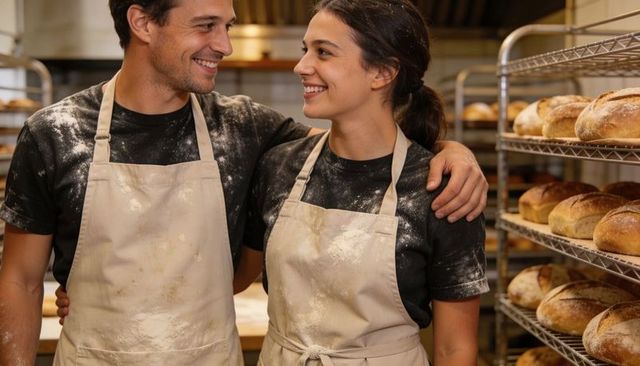 Smiling bakers embracing in flour-dusted aprons beside racks of golden artisanal sourdough loaves