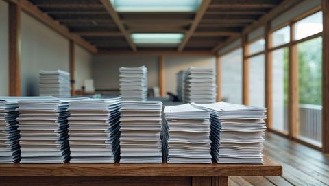 Paperwork in spacious studio with natural lighting and wooden interior