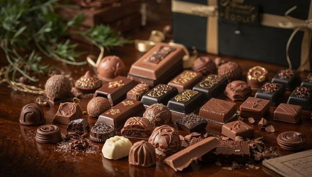 Artisan chocolates and truffles arranged on dark wood with gift box and chocolate shavings