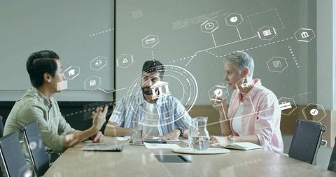 Business Team Collaborating with Holographic Finance Technology Interface