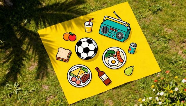 Yellow picnic blanket with playful cartoon food icons and soccer ball on sunlit lawn