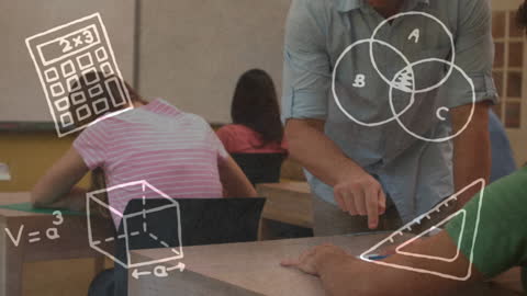 Teacher Explaining Math Concepts in Classroom with Illustrated Overlays