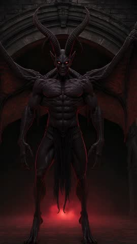 Demon Standing in Red Mist at Gothic Stone Archway | Vertical Fantasy Horror Video