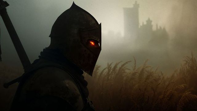 Armored knight in mysterious misty field with castle in background