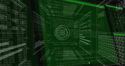 Streaming 3D Data Tunnel with Circular HUD, Neon Grid Corridor and Cyberpunk Code