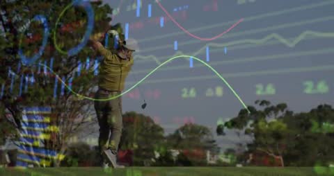 Golfer Swinging with Financial Data Overlay
