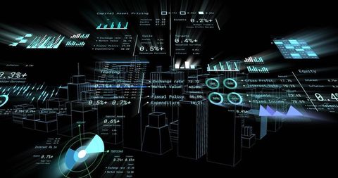 Floating holographic financial dashboard over virtual 3d grid futuristic data hud visuals