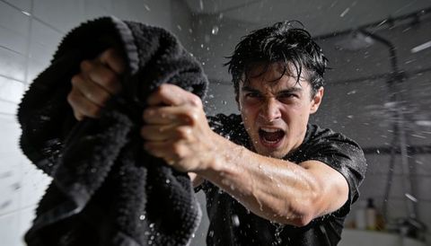 Angry man wringing black towel in shower, water splashing, soaked shirt, intense motion