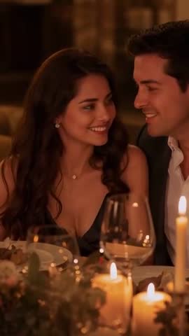 Vertical video: Smiling couple leaning in for intimate candlelit dinner gaze