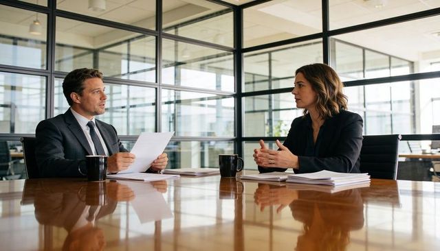 Executives discussing contracts in glass-walled conference room with documents and coffee