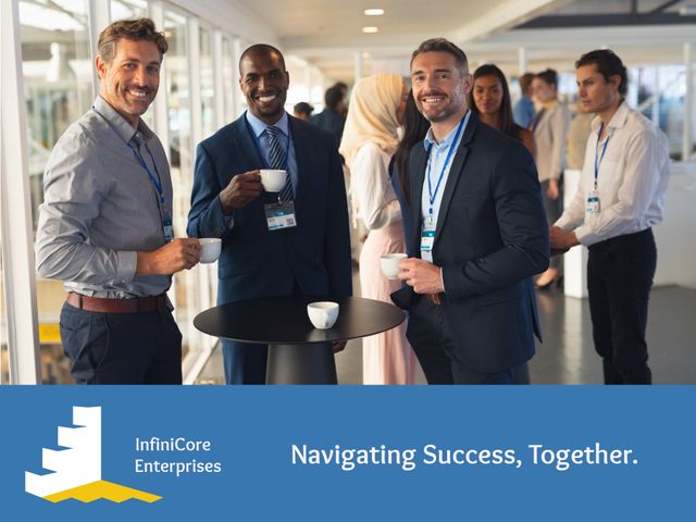 Group of professionals from different ethnic backgrounds gathered at a business networking event, engaging in conversations with coffee cups in hand. Ideal for promoting corporate networking, team-building activities, diversity and inclusion initiatives, and business events.