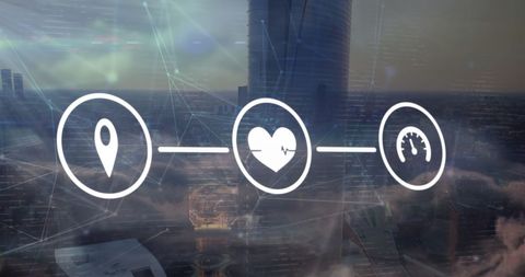 Futuristic Digital Icons Overlay on Modern Cityscape - Download Free Stock Images Pikwizard.com