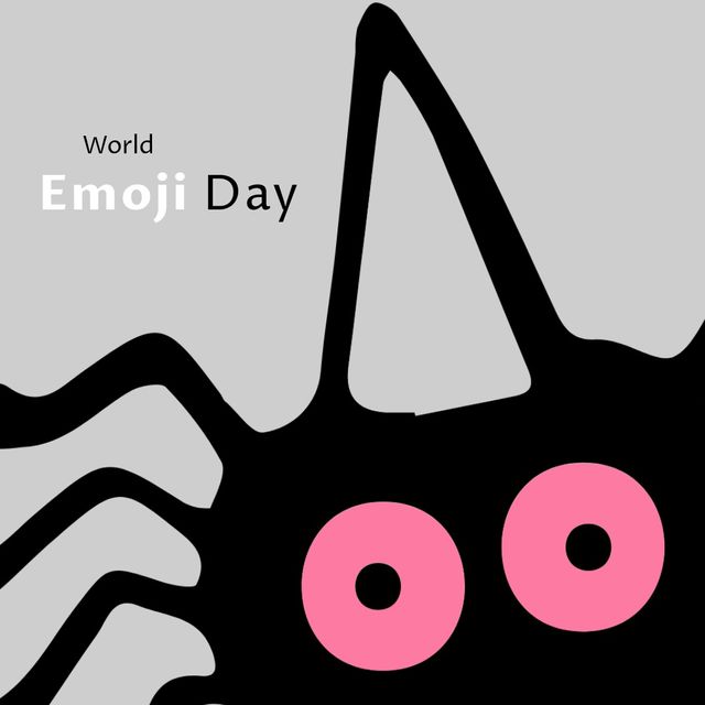 Illustration of pink emoticon eyes with world emoji text on gray background, copy space. celebration, emotion, small digital icon, expression, vector.