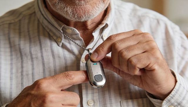 Senior pressing medical alert pendant with led on necklace, demonstrating elderly safety and caregiv
