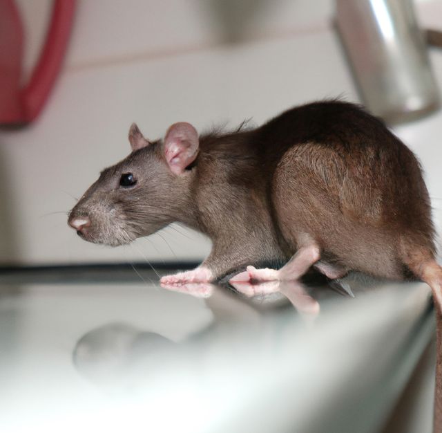 A curious brown rat exploring a kitchen countertop. Ideal for articles or advertisements related to pest control, home hygiene, rodent behavior, and wildlife. Can also be used in educational materials and informational content about domestic pests.