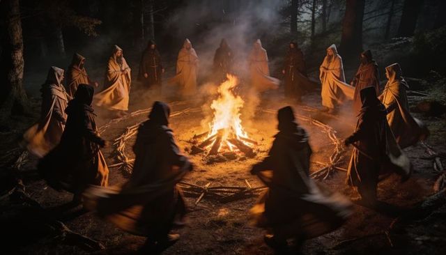 Hooded figures circling bonfire in dark forest clearing ritual at night