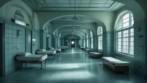 Serene mental institution corridor with empty beds