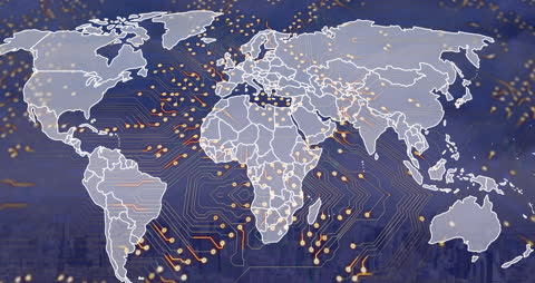 Global Digital Network Across World Map and Cityscape
