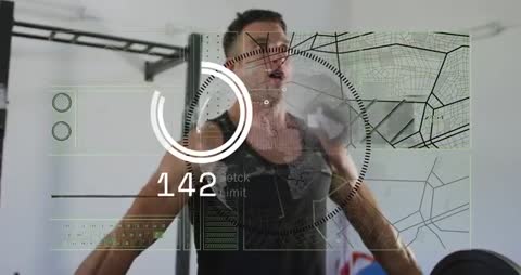 Athlete performing explosive barbell high-pull with HUD metrics tracking heart rate power velocity