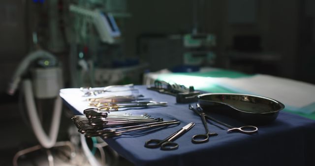 Set of surgical instruments arranged neatly on a blue cloth-covered table in a dimly lit operating room. Image evokes a somber and focused atmosphere, suggesting a medical setting that prioritizes cleanliness and organization. Perfect for use in medical publications, healthcare websites, anatomy studies, educational materials, and hospital promotional content.
